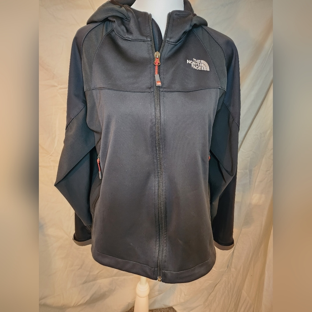 North Face Summit Series Women's Med hooded zip up jacket black trimmed in red - Picture 2 of 12